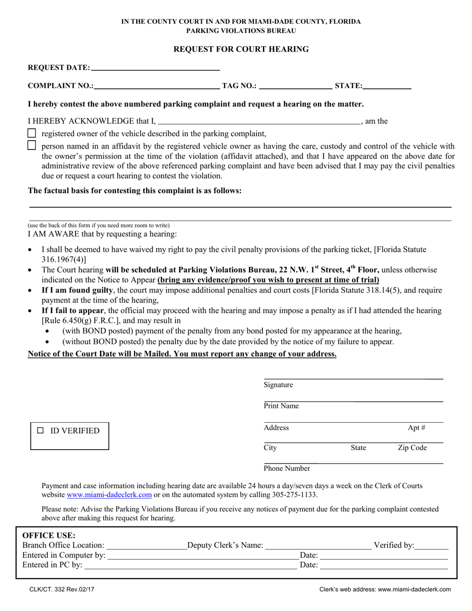 Form CLK / CT.332 Request for Court Hearing - Miami-Dade County, Florida, Page 1