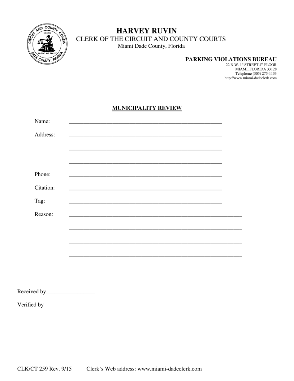 Form CLK / CT259 Municipality Review - Miami-Dade County, Florida, Page 1