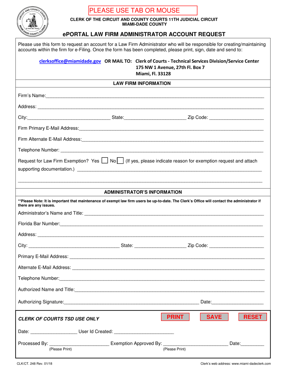 Form CLK/CT.248 Eportal Law Firm Administrator Account Request - Miami-Dade County, Florida, Page 1