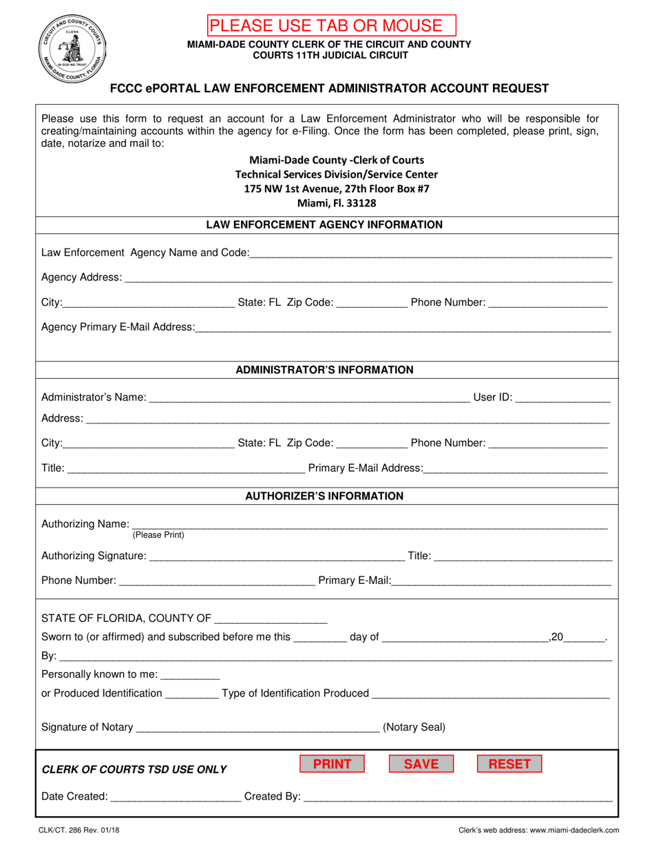 Form CLK/CT.286 Fccc Eportal Law Enforcement Administrator Account Request - Miami-Dade County, Florida, Page 1