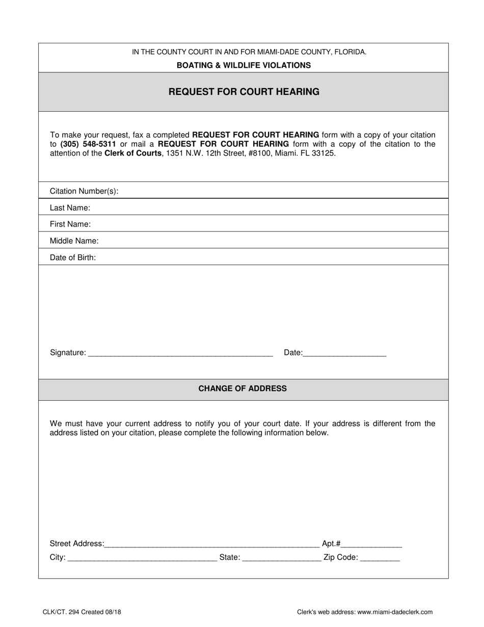 Form CLK/CT.294 Request for Court Hearing - Miami-Dade County, Florida, Page 1