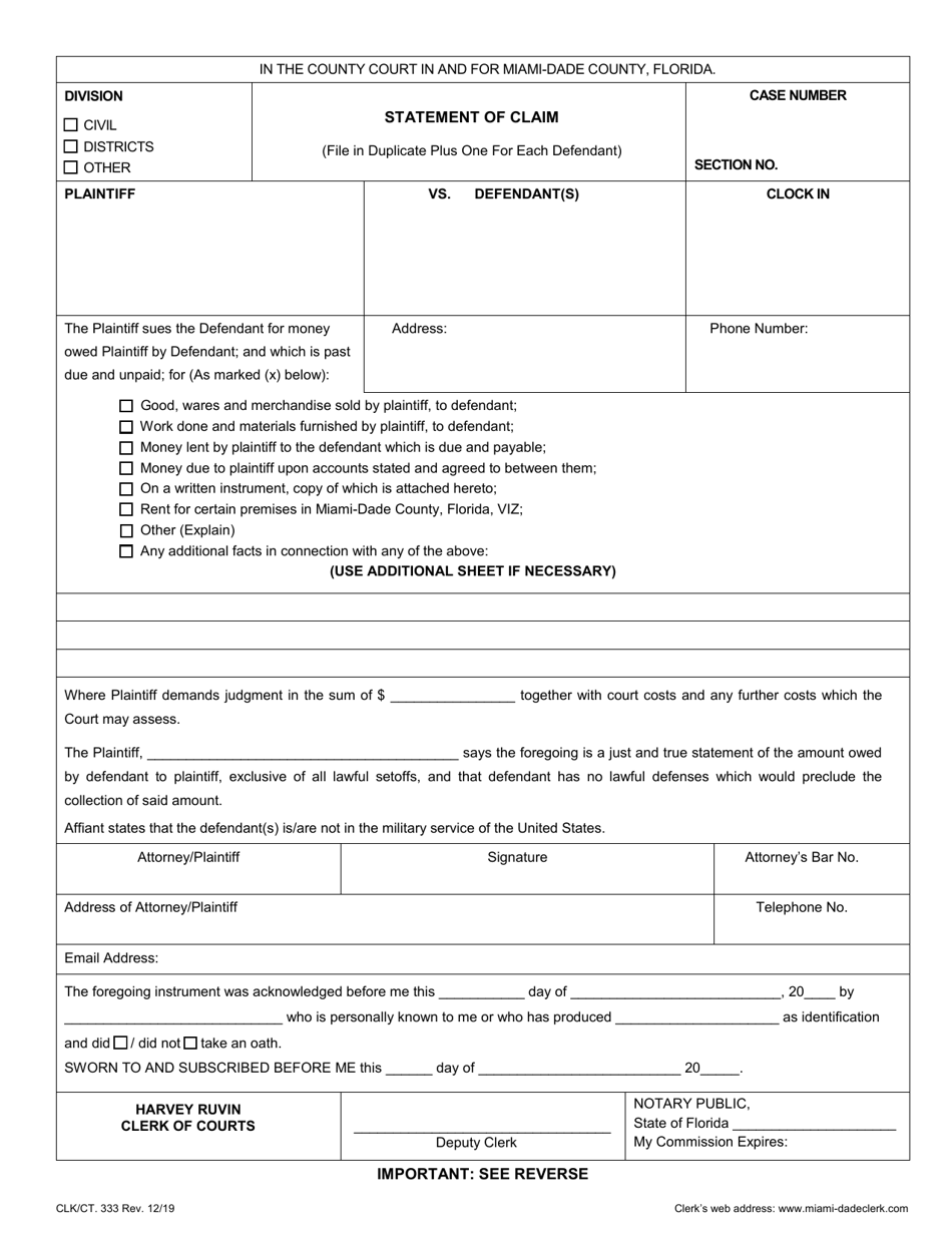 Form CLK / CT.333 Statement of Claim - Miami-Dade County, Florida, Page 1