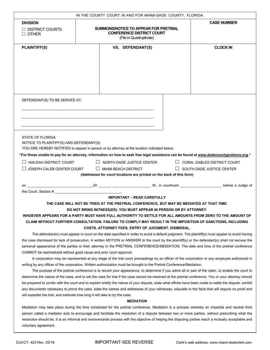 Form CLK / CT.423 Summons / Notice to Appear for Pretrial Conference District Court - Miami-Dade County, Florida, Page 1