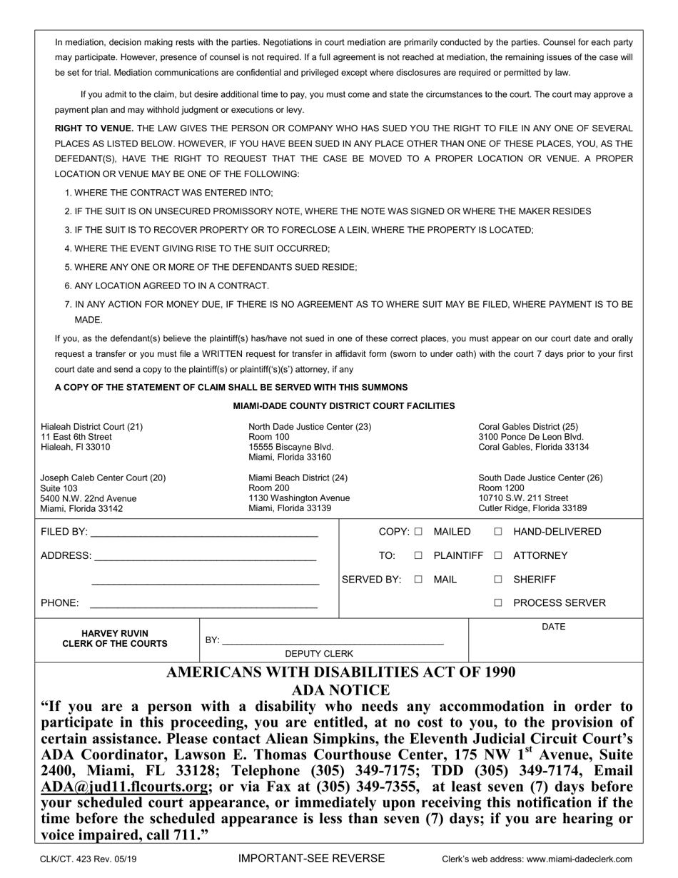 Form CLK / CT.423 Summons / Notice to Appear for Pretrial Conference District Court - Miami-Dade County, Florida, Page 2