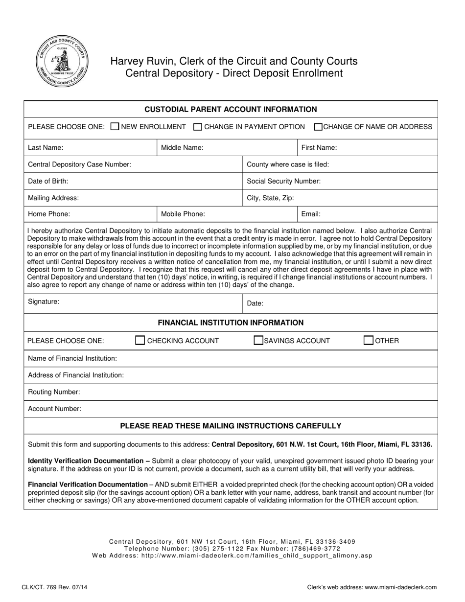Form CLK / CT.769 Direct Deposit Enrollment - Central Depository - Miami-Dade County, Florida, Page 2