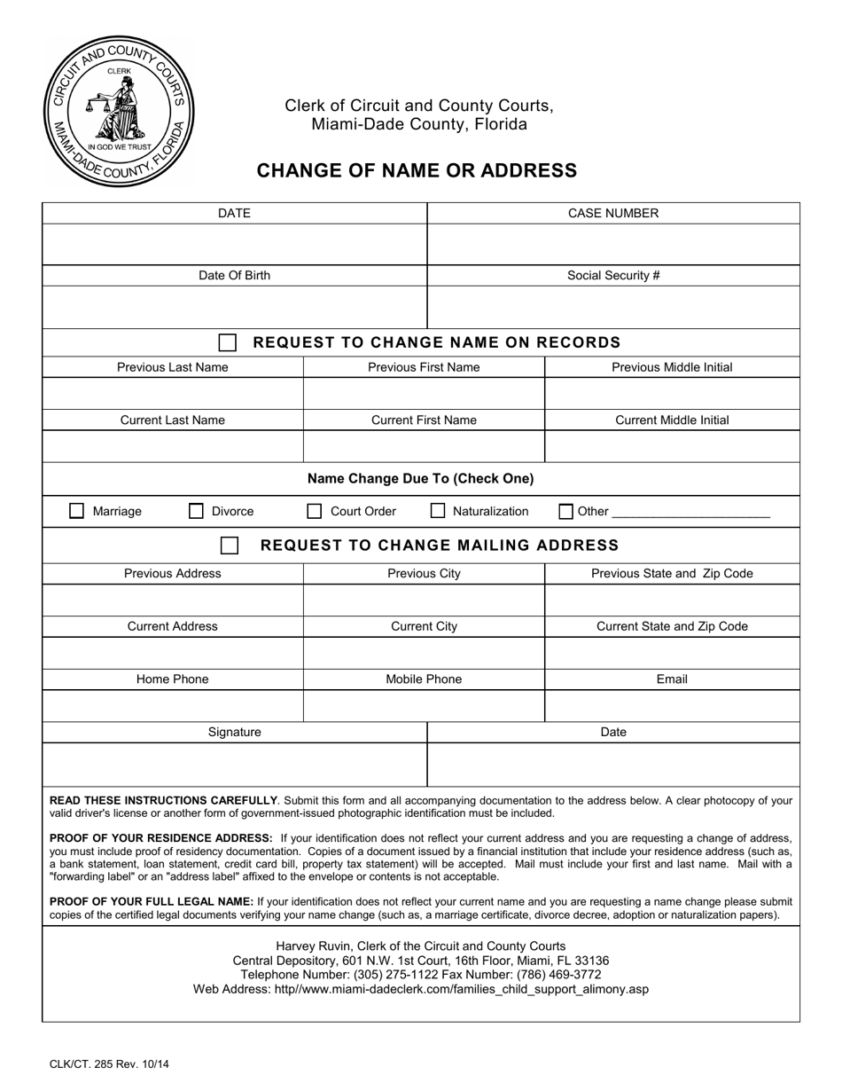 Form CLK / CT.285 Change of Name or Address - Miami-Dade County, Florida, Page 1