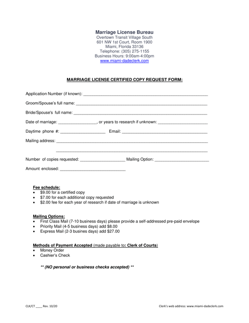 Marriage License Certified Copy Request Form - Miami-Dade, Florida Download Pdf