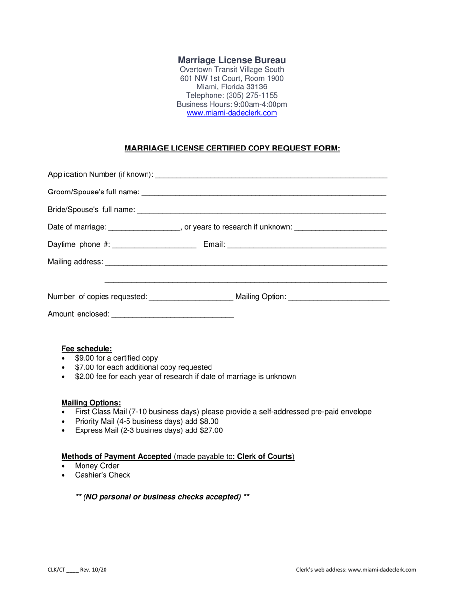 Marriage License Certified Copy Request Form - Miami-Dade, Florida, Page 1