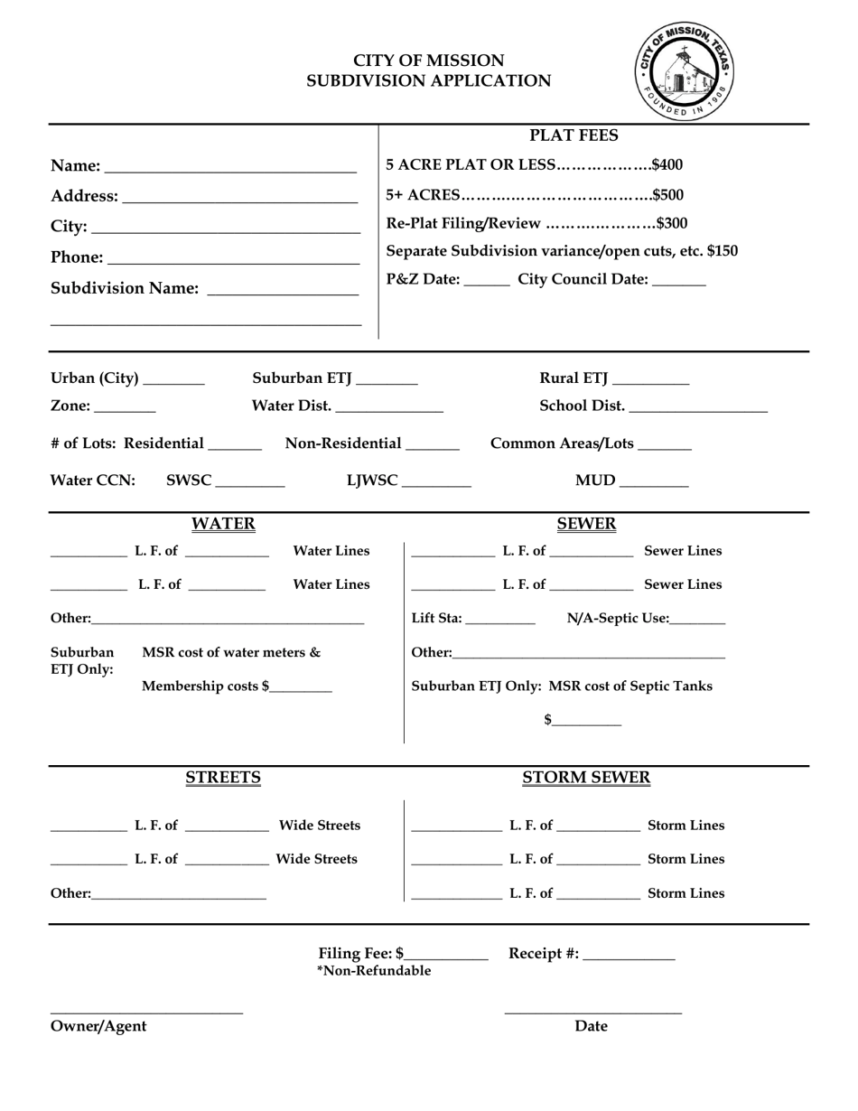 City of Mission, Texas Subdivision Application Fill Out, Sign Online
