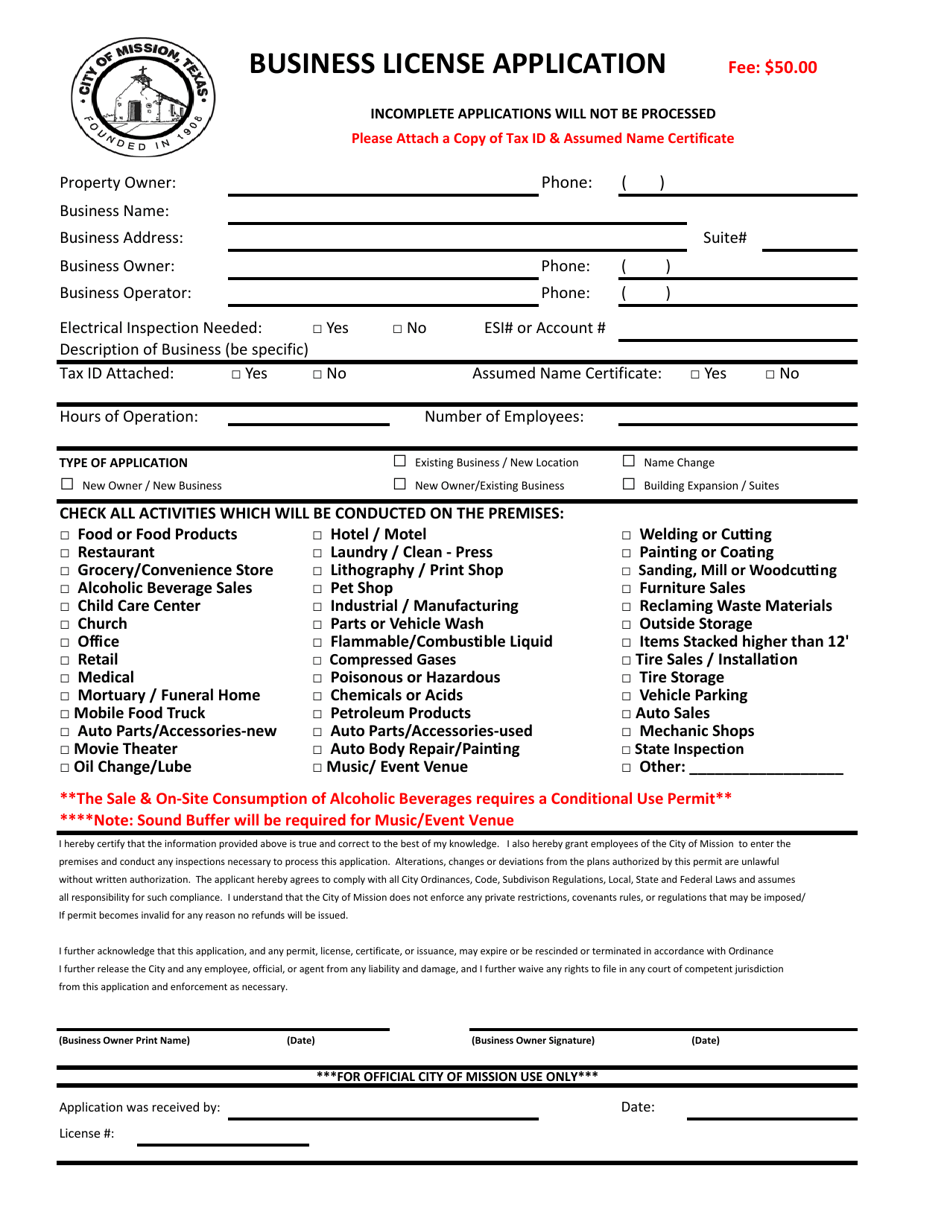 Business License Application - City of Mission, Texas, Page 1