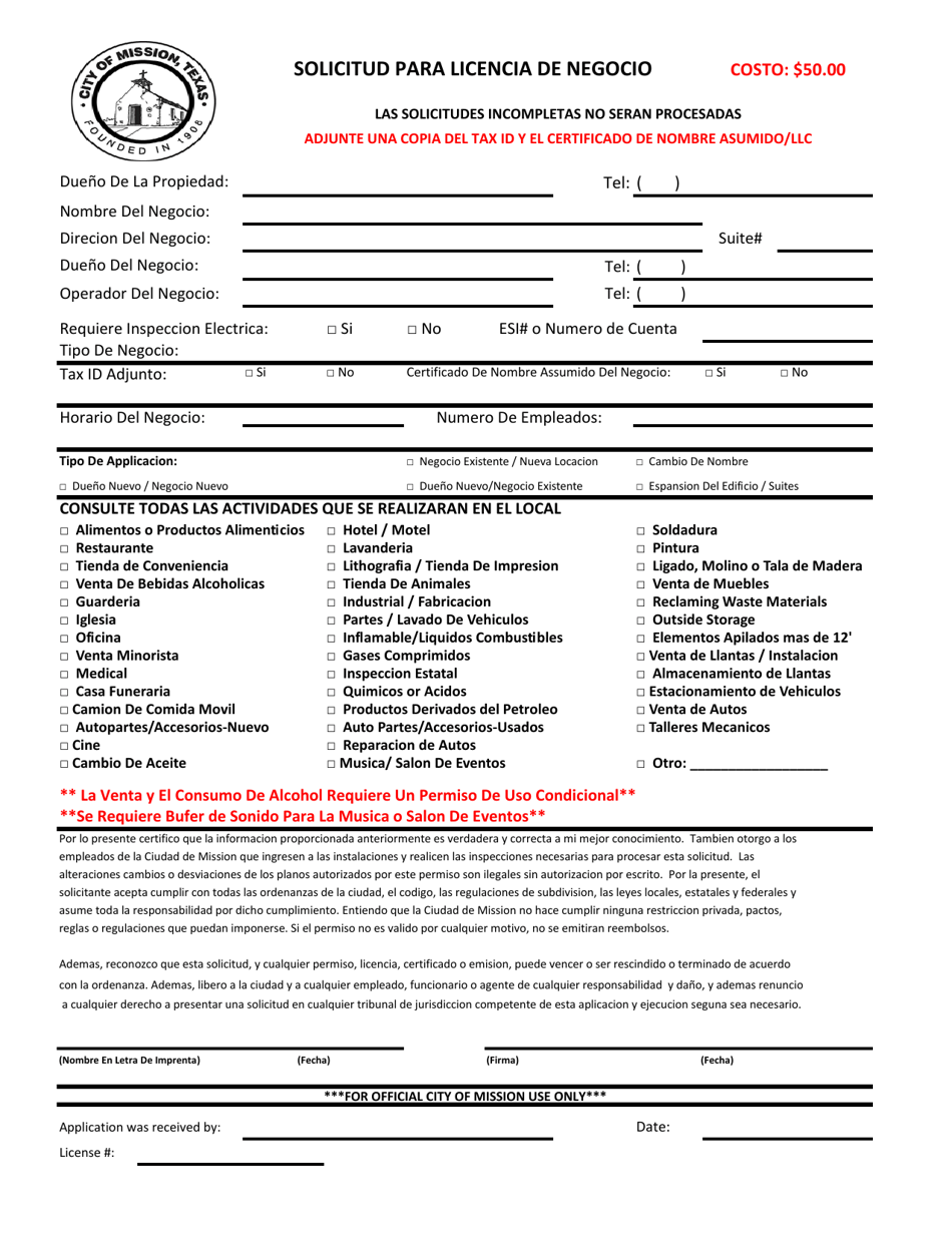 City of Mission, Texas Solicitud Para Licencia De Negocio (Spanish
