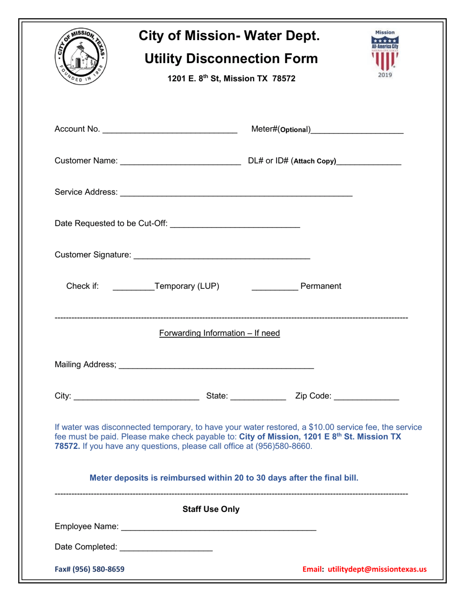 Utility Disconnection Form - City of Mission, Texas, Page 1