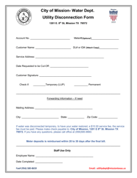 Document preview: Utility Disconnection Form - City of Mission, Texas