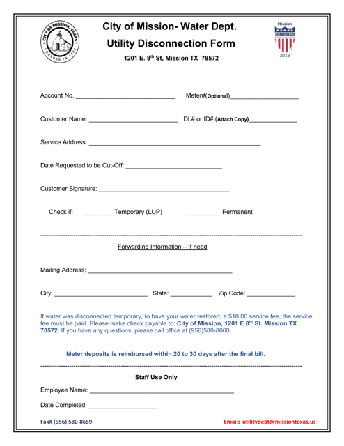 Utility Disconnection Form - City of Mission, Texas Download Pdf