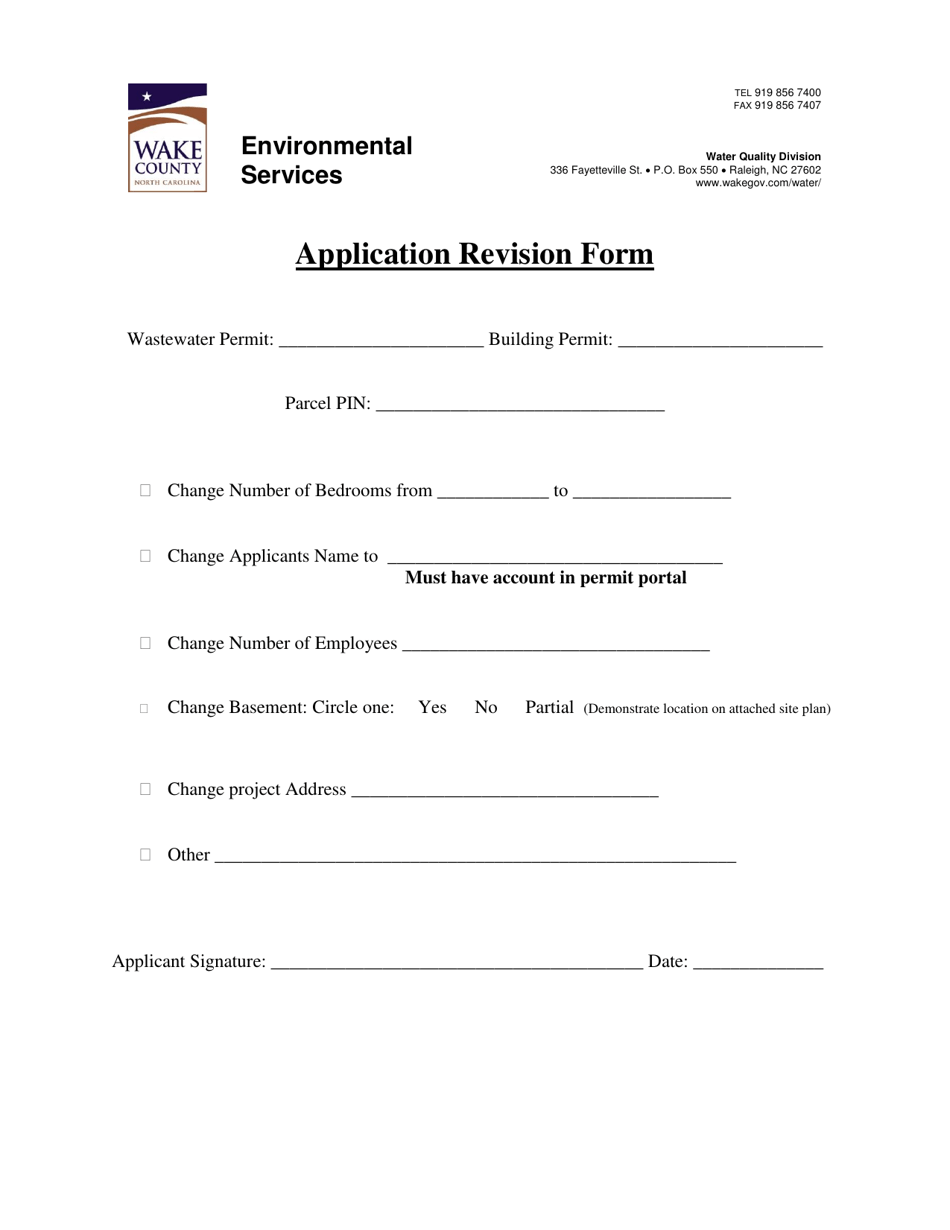 Application Revision Form - Wake County, North Carolina, Page 1