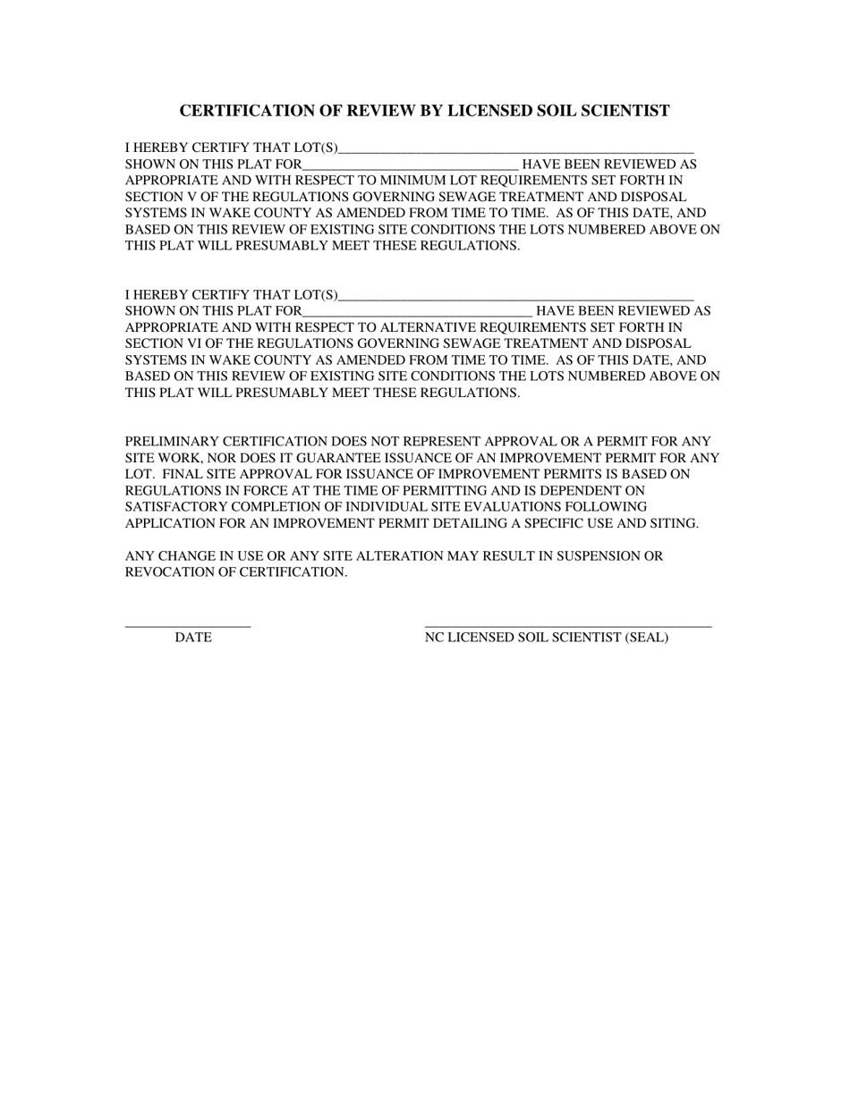 Certification of Review by Licensed Soil Scientist - Wake County, North Carolina, Page 1