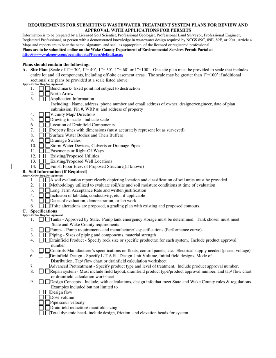 Requirements for Submitting Wastewater Treatment System Plans for Review and Approval With Applications for Permits - Wake County, North Carolina, Page 1