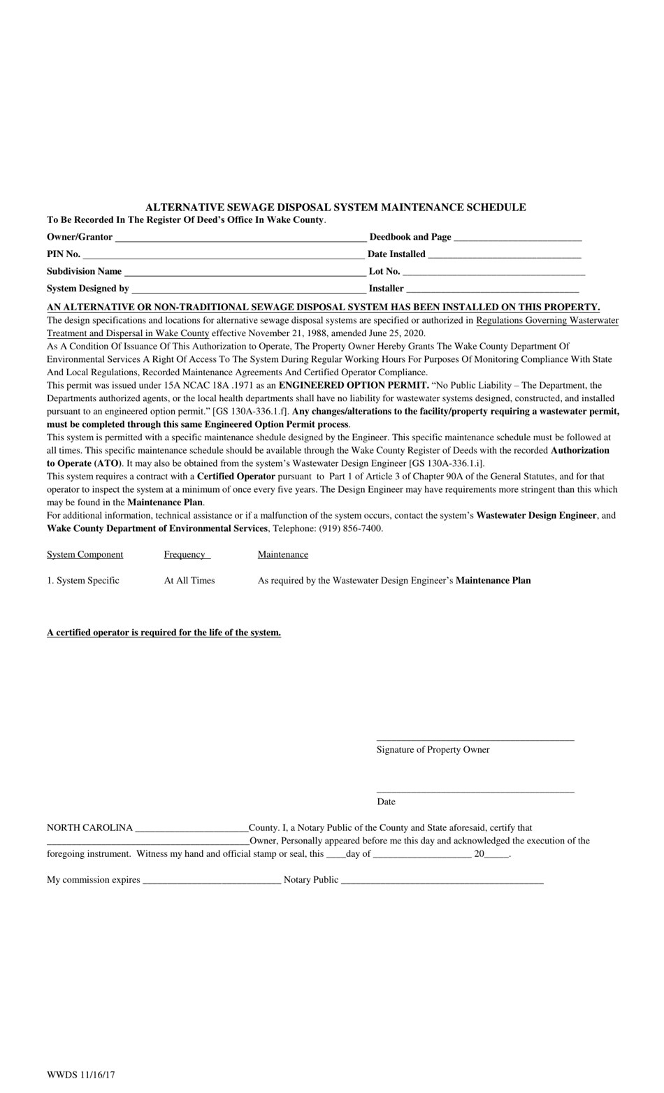 Wake County, North Carolina Alternative Sewage Disposal System