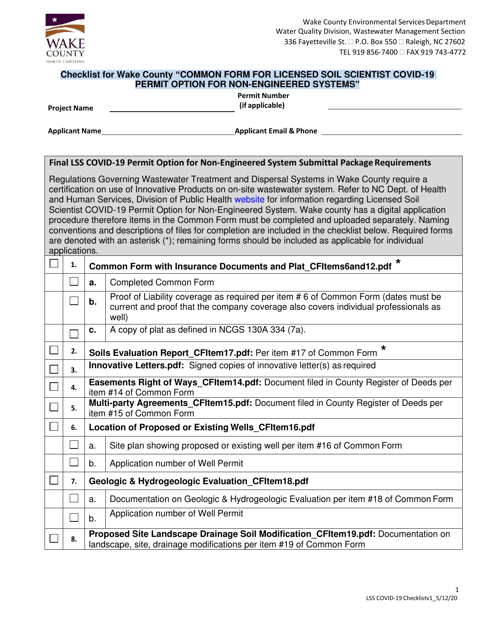 Checklist for Wake County "common Form for Licensed Soil Scientist Covid-19 Permit Option for Non-engineered Systems" - Wake County, North Carolina