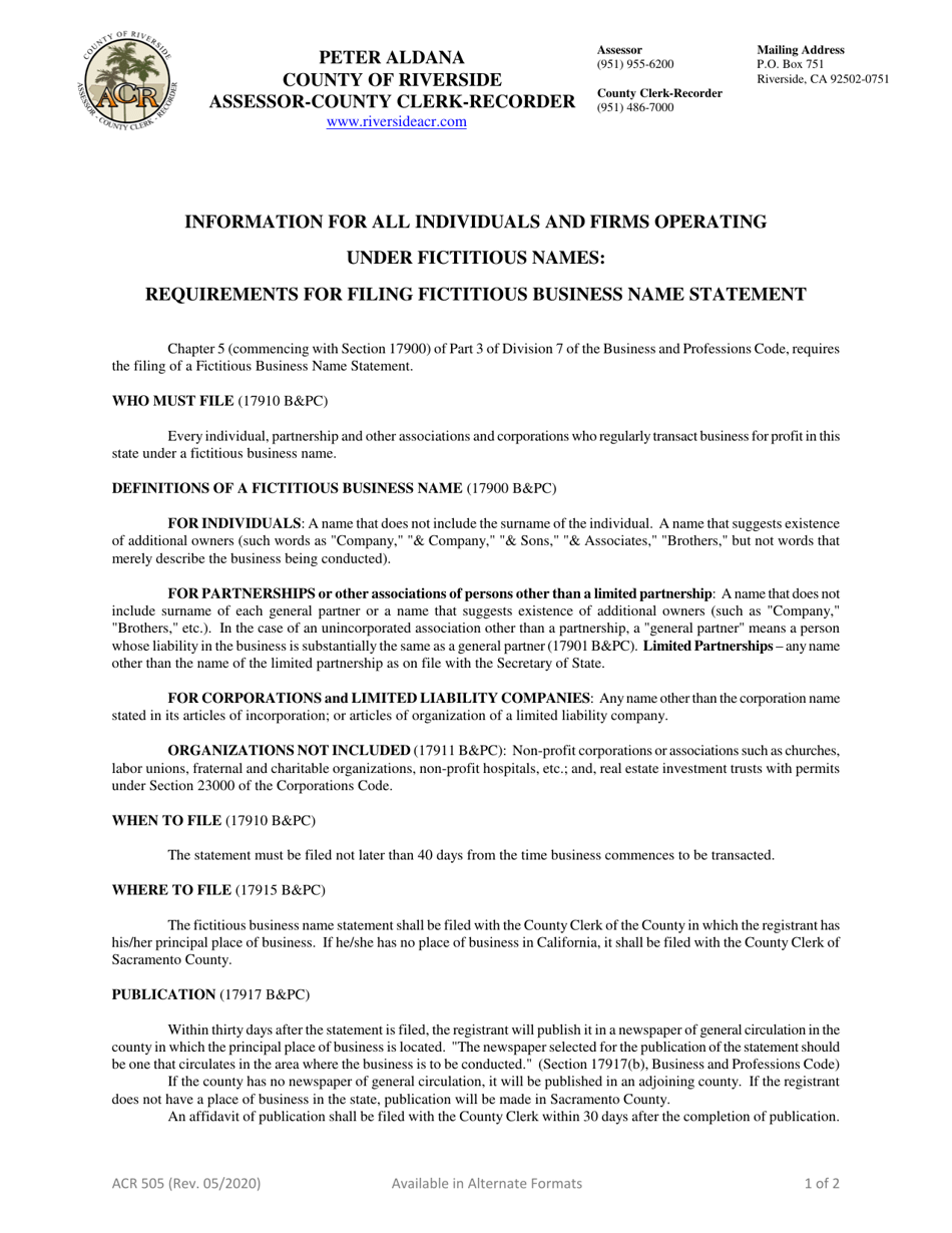 Form ACR500 Fictitious Business Name Statement - County of Riverside, California, Page 2