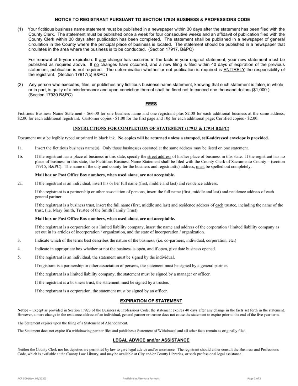 Form ACR500 Fictitious Business Name Statement - County of Riverside, California, Page 5