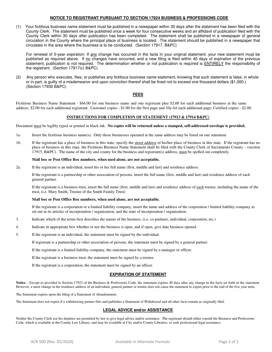 Form ACR500 Fictitious Business Name Statement - County of Riverside, California, Page 6