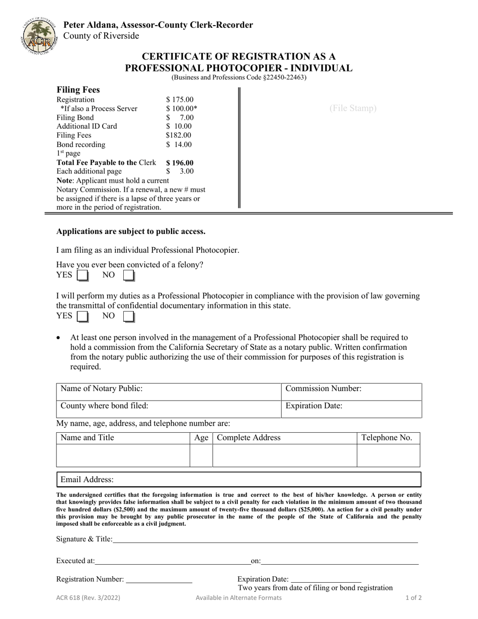 Form ACR618 Certificate of Registration as a Professional Photocopier - Individual - County of Riverside, California, Page 1