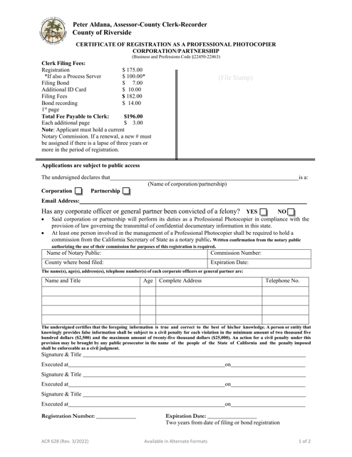 Form ACR628 Certificate of Registration as a Professional Photocopier Corporation/Partnership - County of Riverside, California