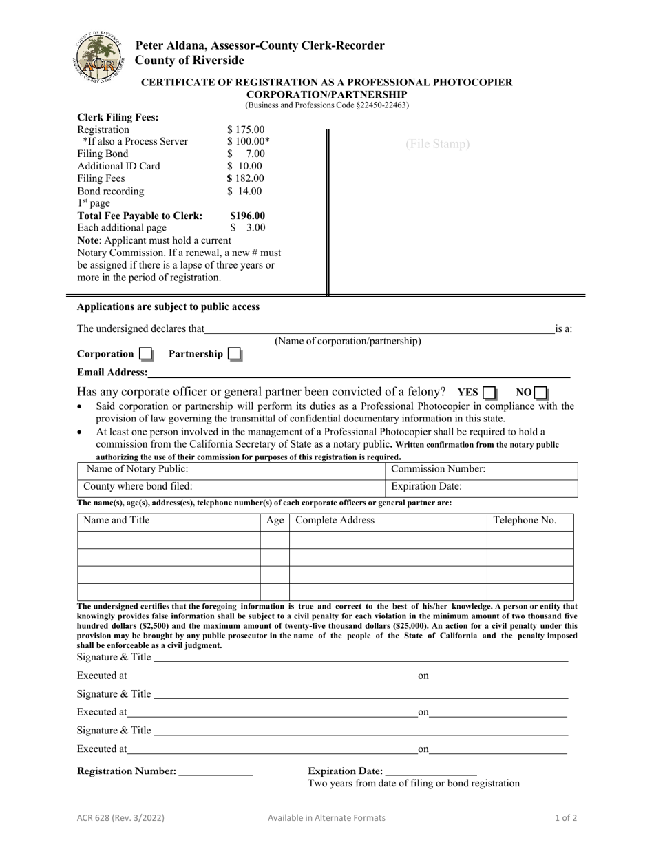 Form ACR628 Certificate of Registration as a Professional Photocopier Corporation / Partnership - County of Riverside, California, Page 1