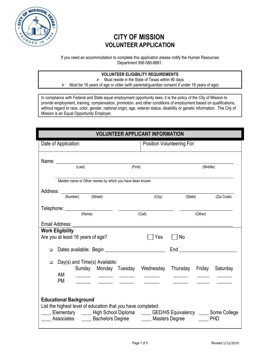 Volunteer Application - City of Mission, Texas, Page 1