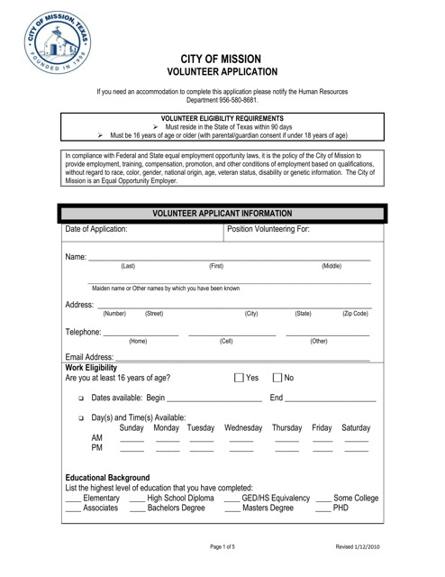 Volunteer Application - City of Mission, Texas Download Pdf