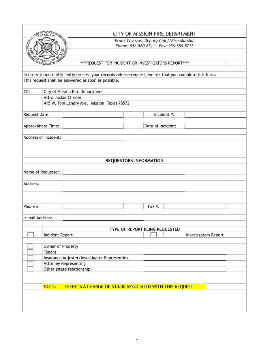 Request for Incident or Investigators Report - City of Mission, Texas, Page 1