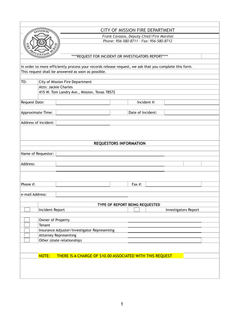 Request for Incident or Investigators Report - City of Mission, Texas Download Pdf