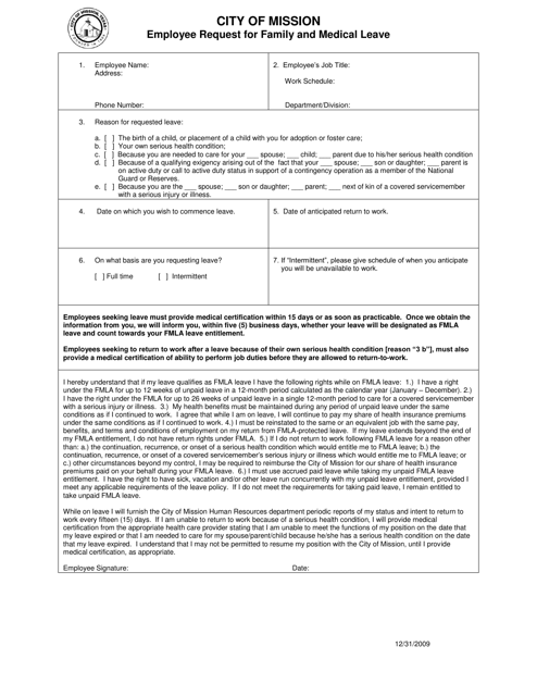 Employee Request for Family and Medical Leave - City of Mission, Texas Download Pdf