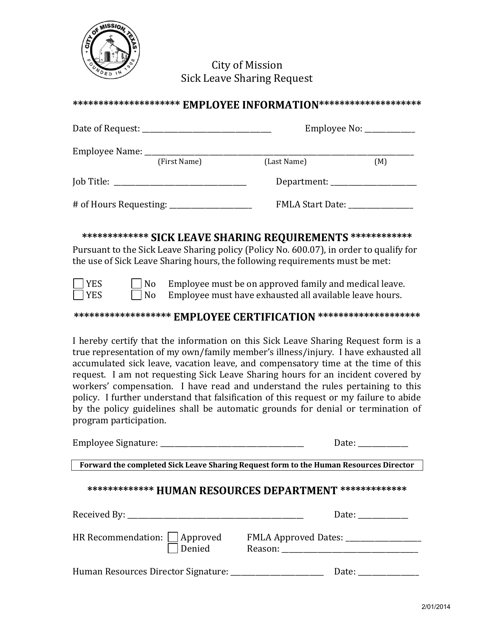 Sick Leave Sharing Request - City of Mission, Texas Download Pdf