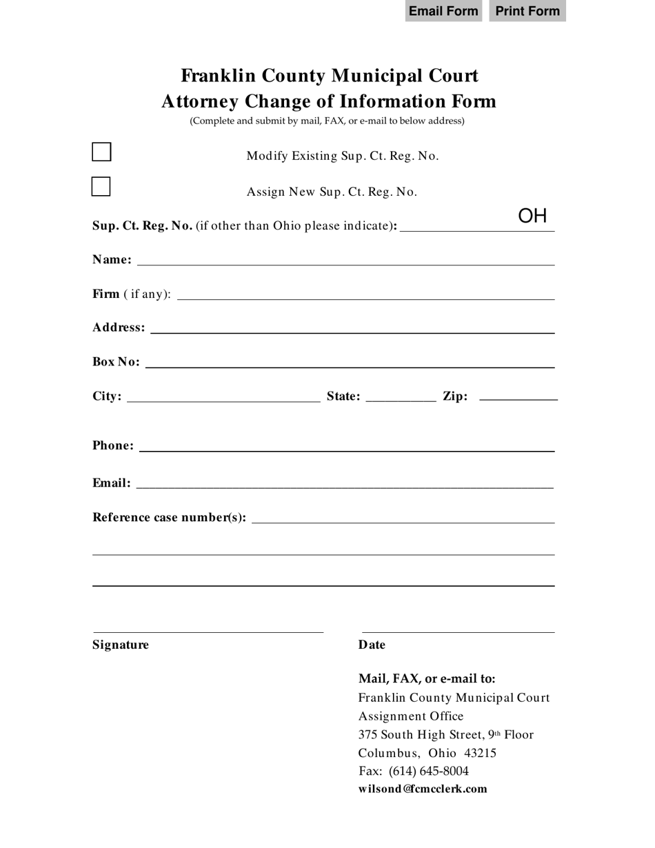 Franklin County, Ohio Attorney Change of Information Form Fill Out