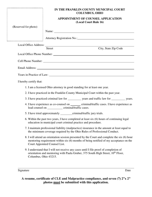 Appointment of Counsel Application (Local Court Rule 16) - Franklin County, Ohio Download Pdf