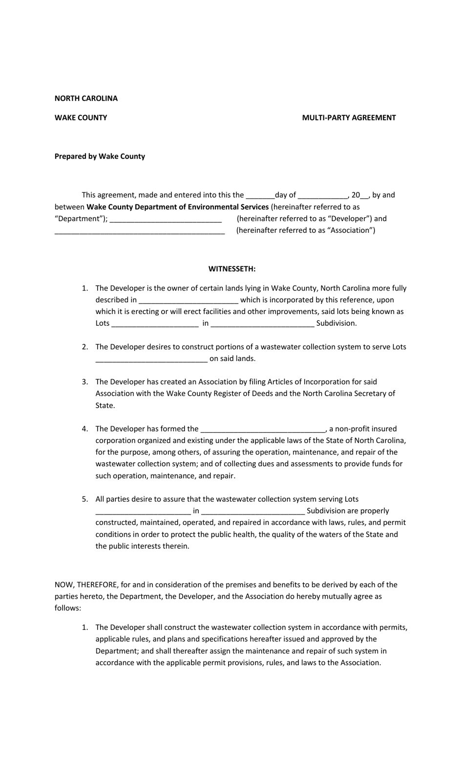 Multi-Party Agreement Template for off-Site Septic System Easements - Wake County, North Carolina, Page 1