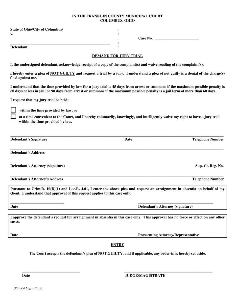 Franklin County, Ohio Demand For Jury Trial - Fill Out, Sign Online And 