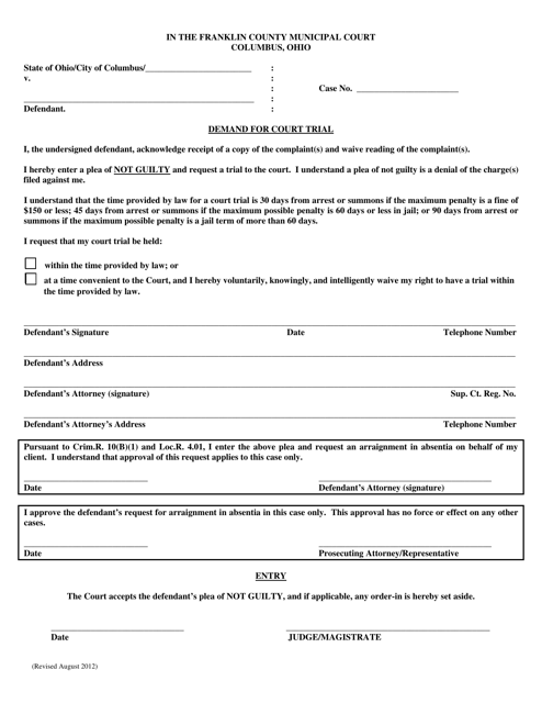 Demand for Court Trial - Franklin County, Ohio Download Pdf