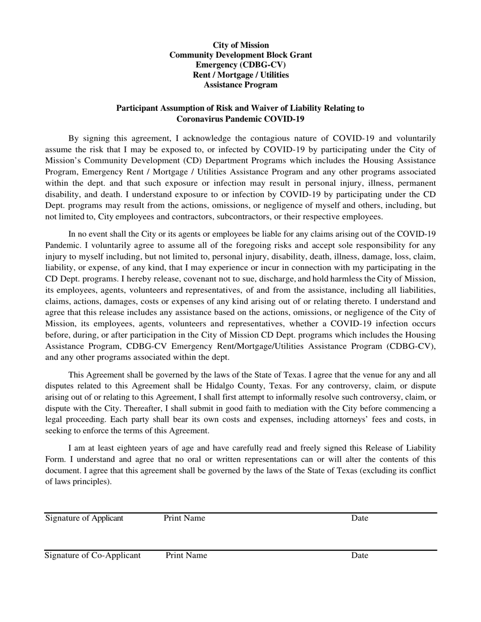 Covid-19 Waiver Form - Cdbg-Cv Emergency Assistance Program - City of Mission, Texas, Page 1
