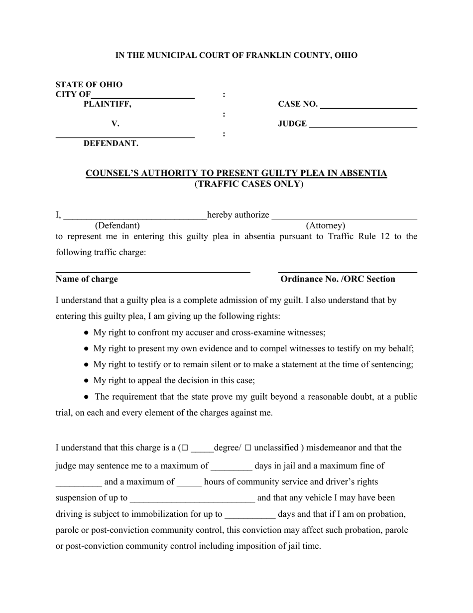 Counsels Authority to Present Guilty Plea in Absentia (Traffic Cases Only) - Franklin County, Ohio, Page 1