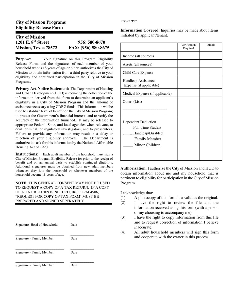 Cdbg-Cv Eligibility Release Form - City of Mission, Texas, Page 1