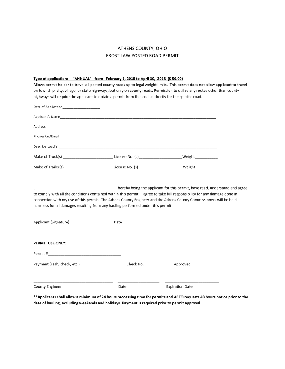 Frost Law Posted Road Permit - Athens County, Ohio, Page 1