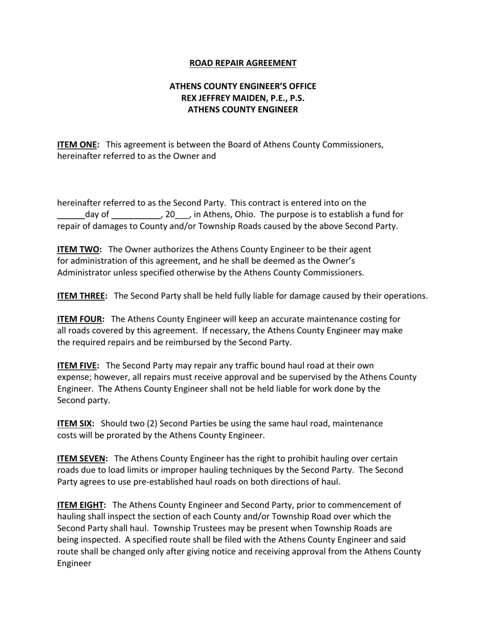 Road Repair Agreement - Athens County, Ohio, Page 1