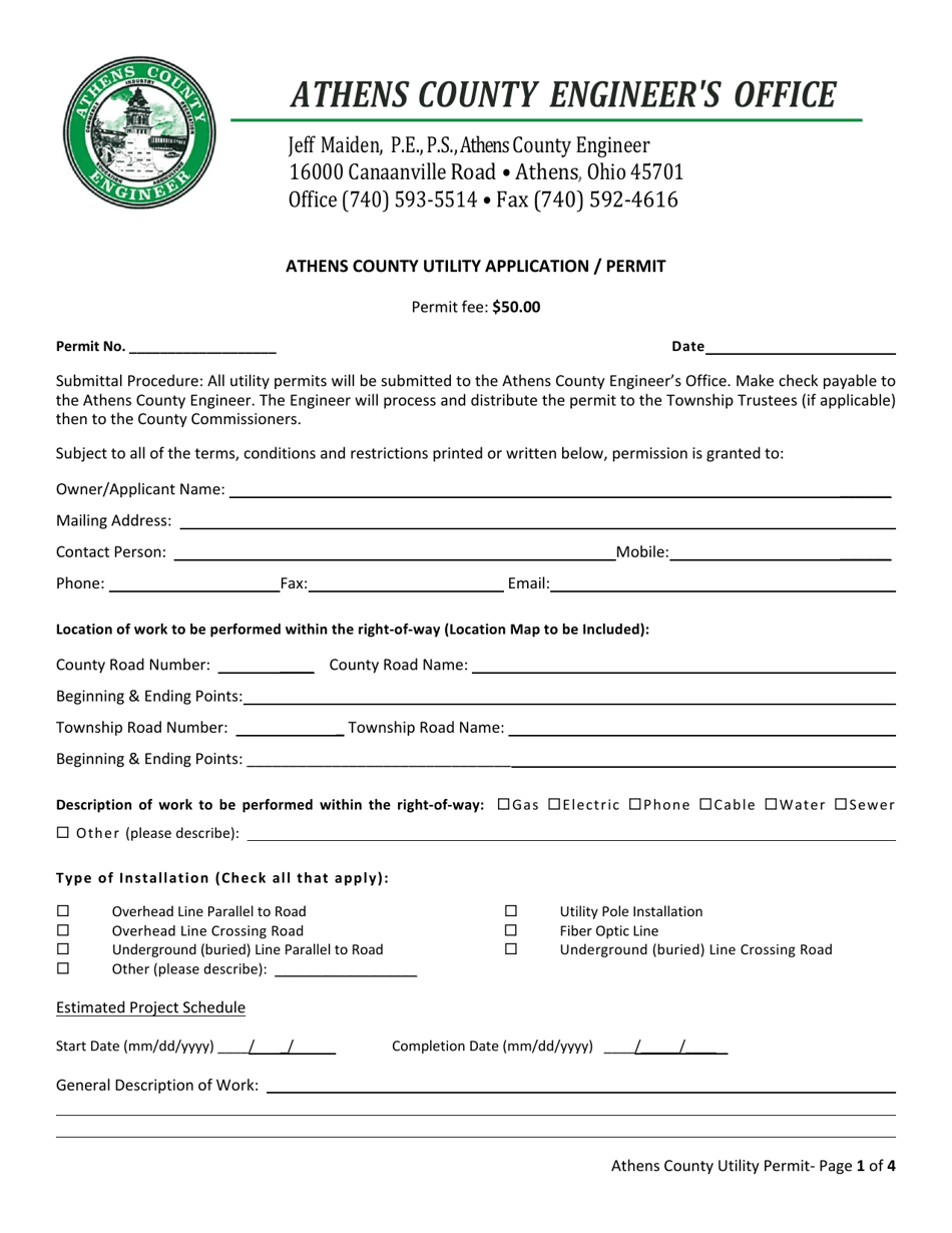 Athens County Utility Application / Permit - Athens County, Ohio, Page 1