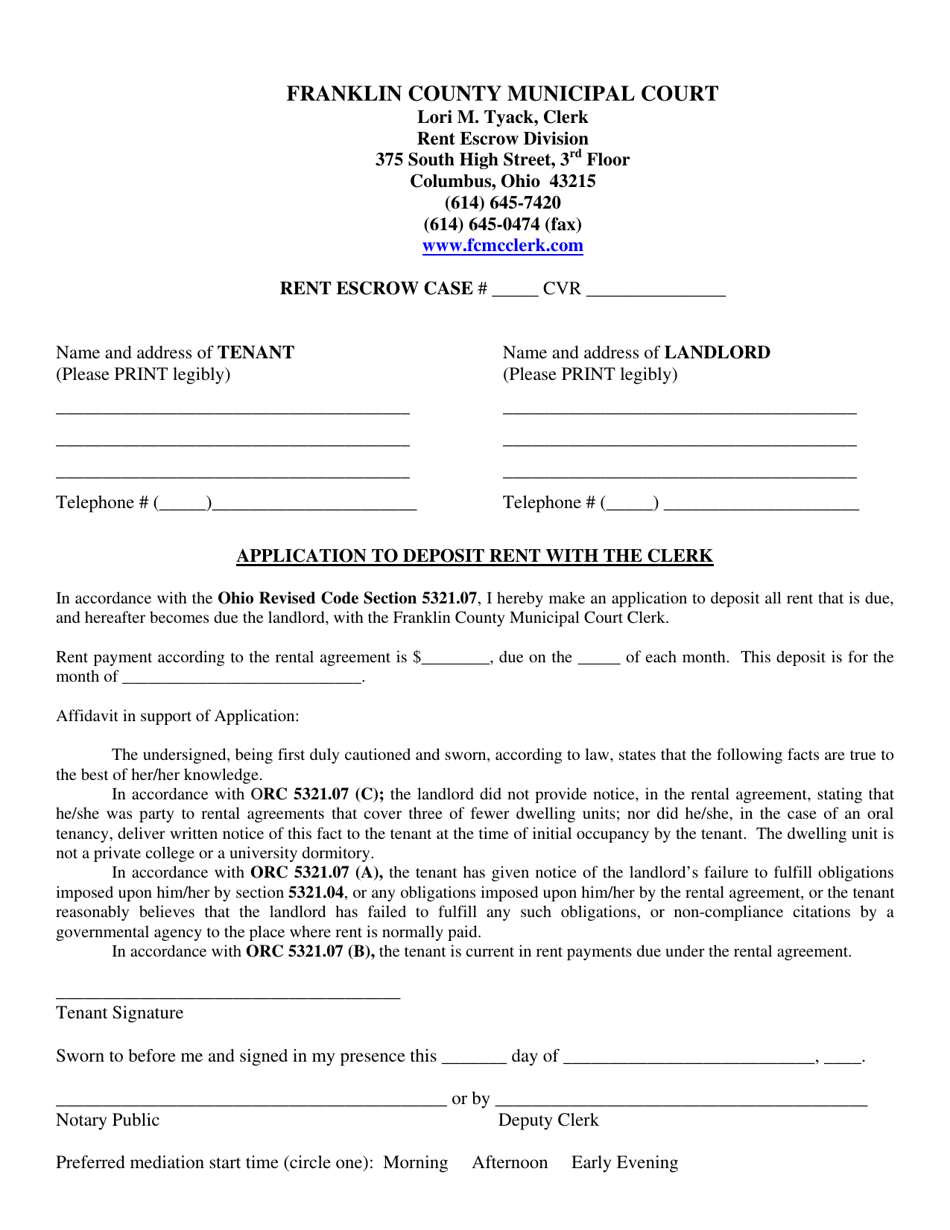 Franklin County, Ohio Rent Escrow Application Fill Out, Sign Online