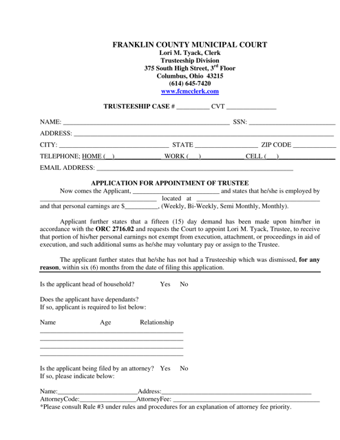 Application for Appointment of Trustee - Franklin County, Ohio Download Pdf