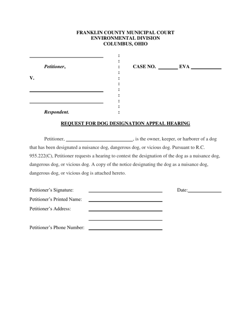 Request for Dog Designation Appeal Hearing - Franklin County, Ohio Download Pdf