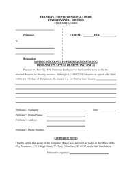 Document preview: Motion for Leave to File Request for Dog Designation Appeal Hearing Instanter - Franklin County, Ohio